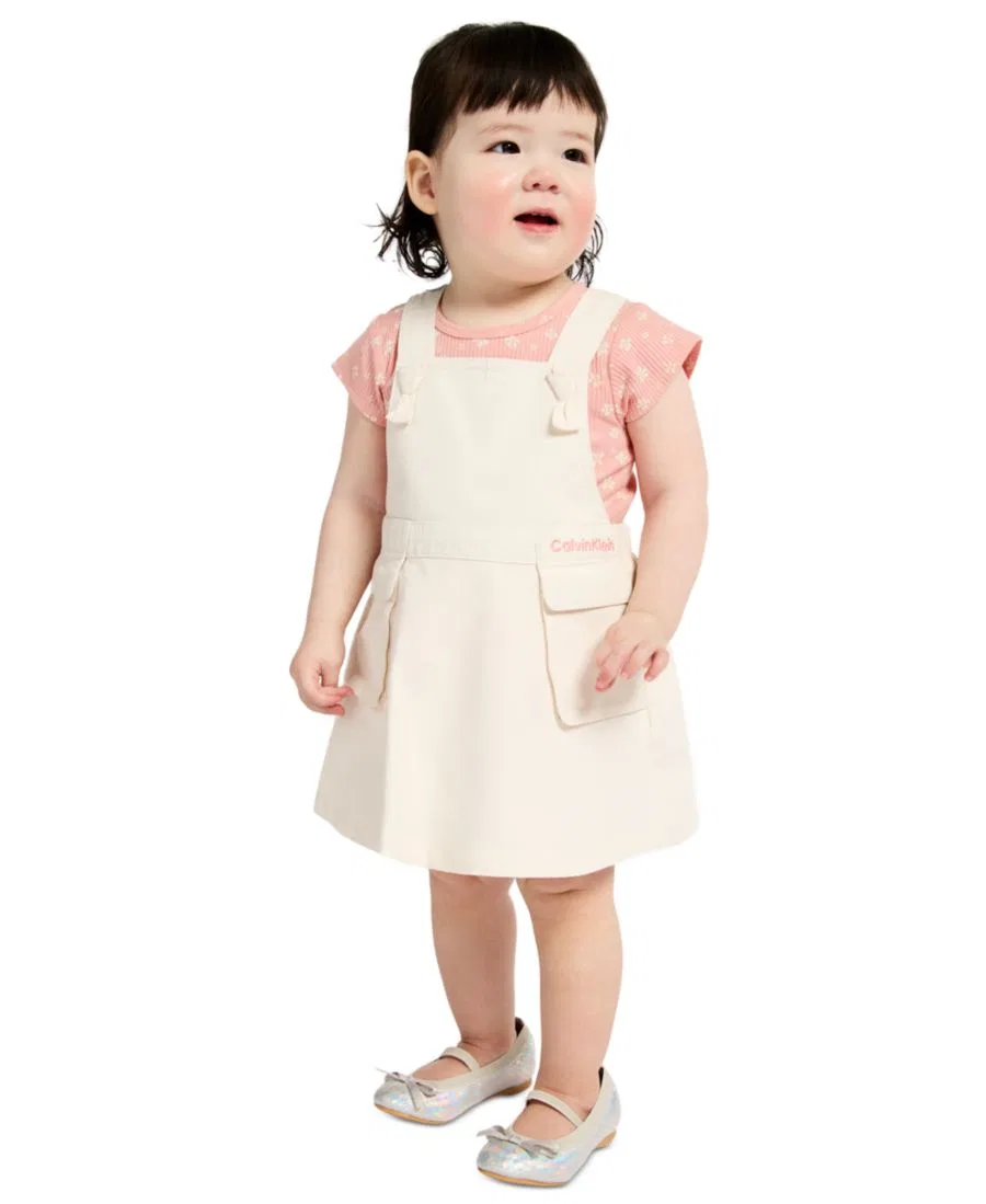 Детский комплект для девочек с принтом Ribbed Printed Bodysuit & Denim Overall Calvin Klein, Light Cream/Soft Pink