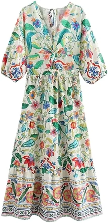 Женское макси-платье с принтом V-образным вырезом A-line Vintage, Pic Color