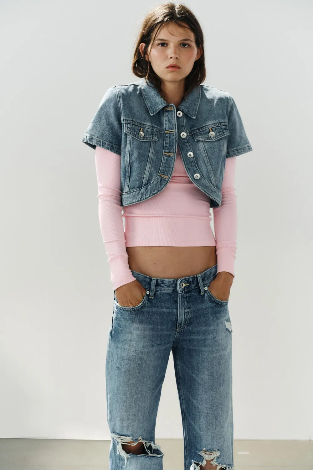 Асимметричная джинсовая укороченная рубашка TRF ZARA, Blue — фото 2