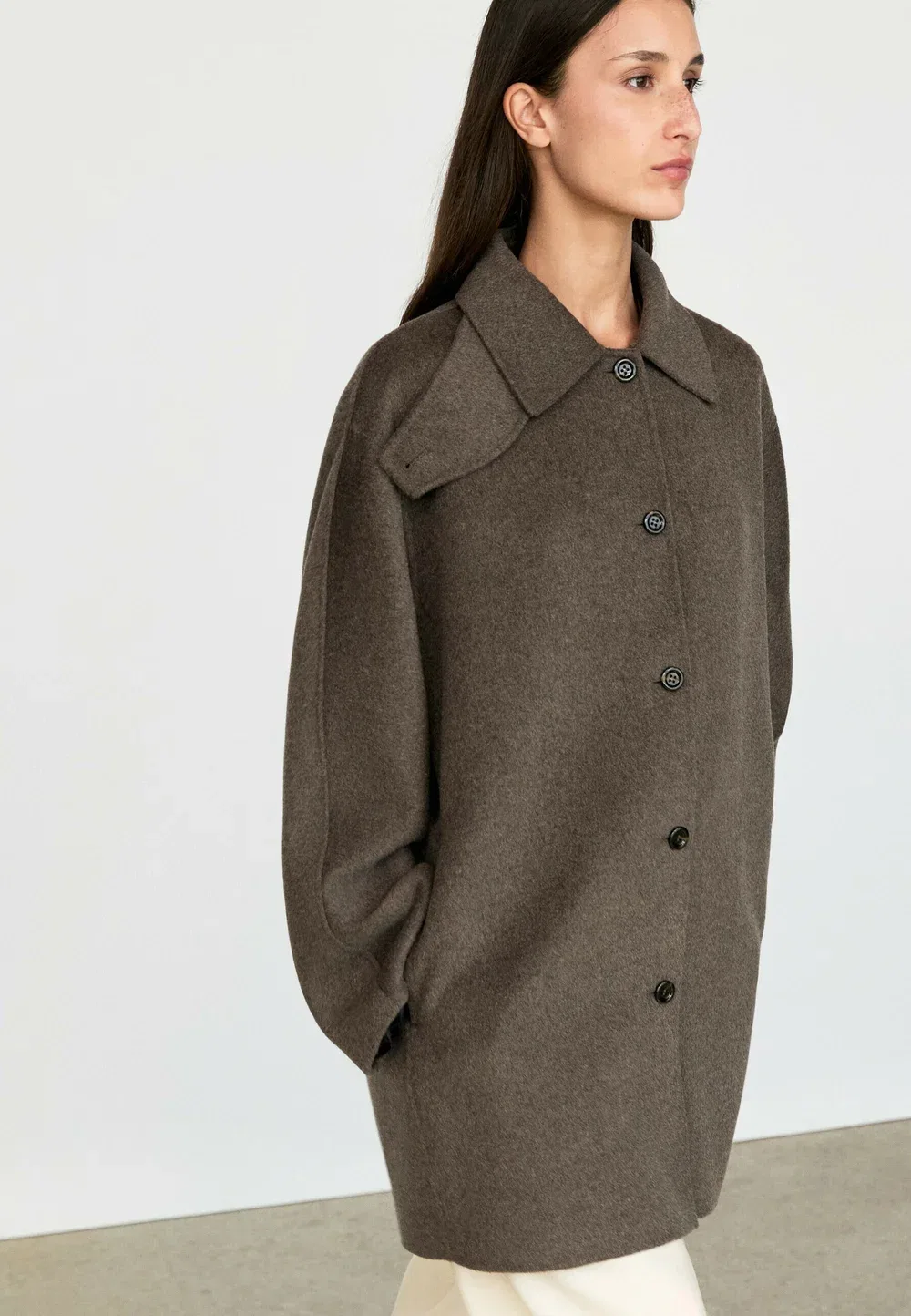 Пальто из меланжевой шерстяной смеси - короткое пальто Massimo Dutti, Mottled Dark Brown — фото 4