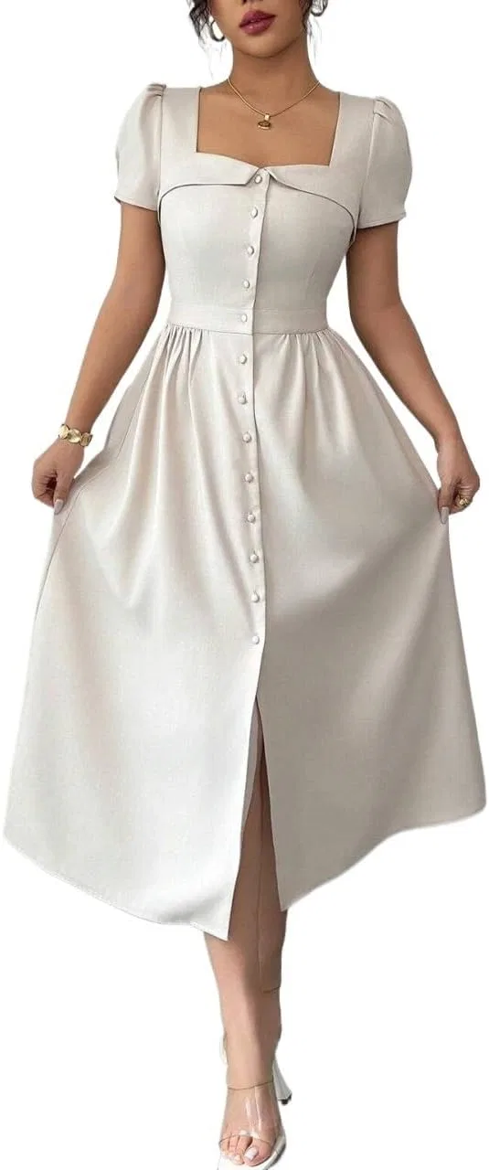 Женское миди-платье с коротким рукавом, Elegant Casual Dress, Apricot