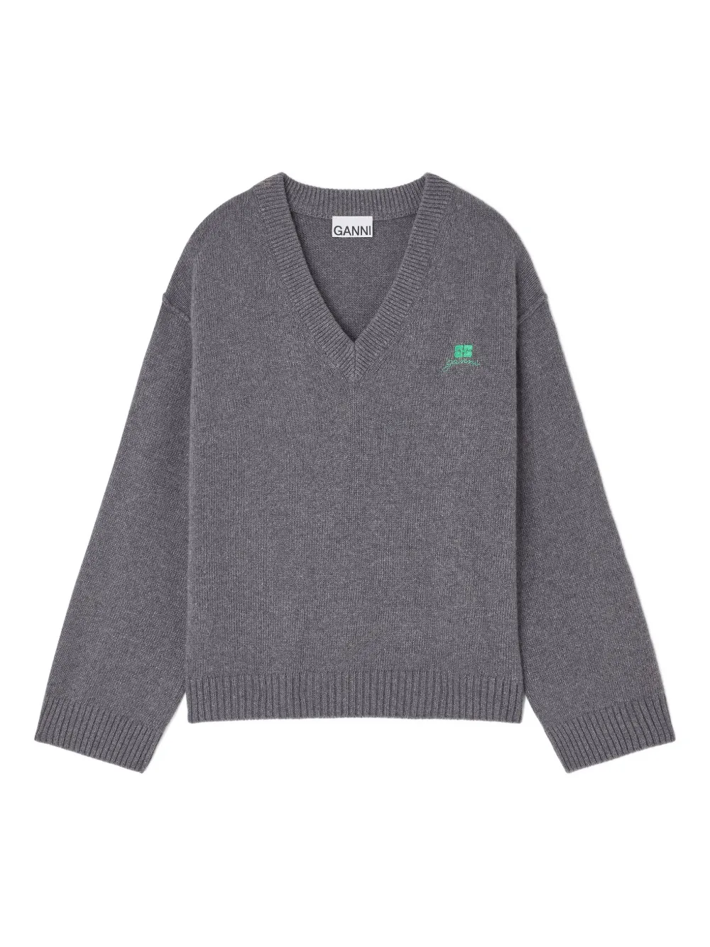 

Свитер с V-образным вырезом и логотипом Ganni, серый