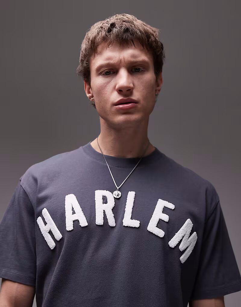 

Футболка Topman премиум-класса свободного кроя с вышивкой синелью Harlem в сером цвете