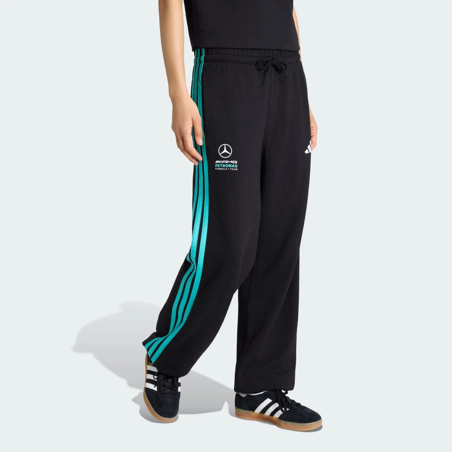 Женские брюки из футера с высоким поясом MERCEDES-AMG PETRONAS FORMULA 1 TEAM DNA HOSE Adidas, Schwarz Turkis