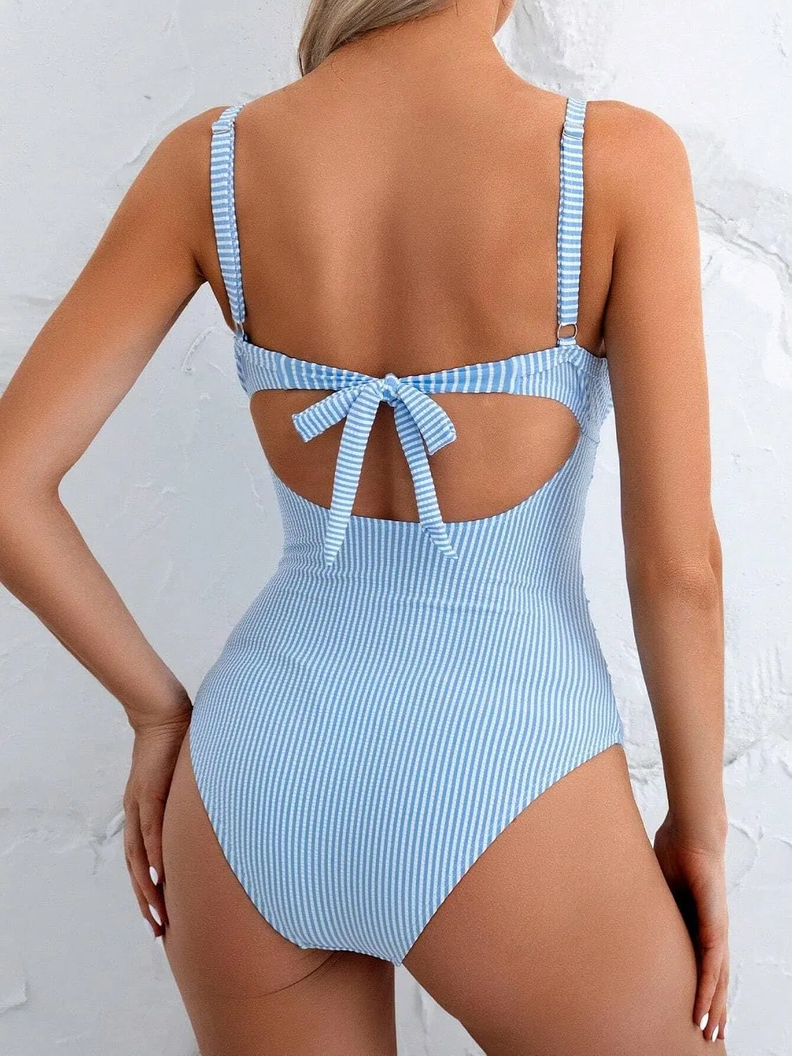Женский цельный купальник с вырезами, полосатый Monokini, Blue and White — фото 3