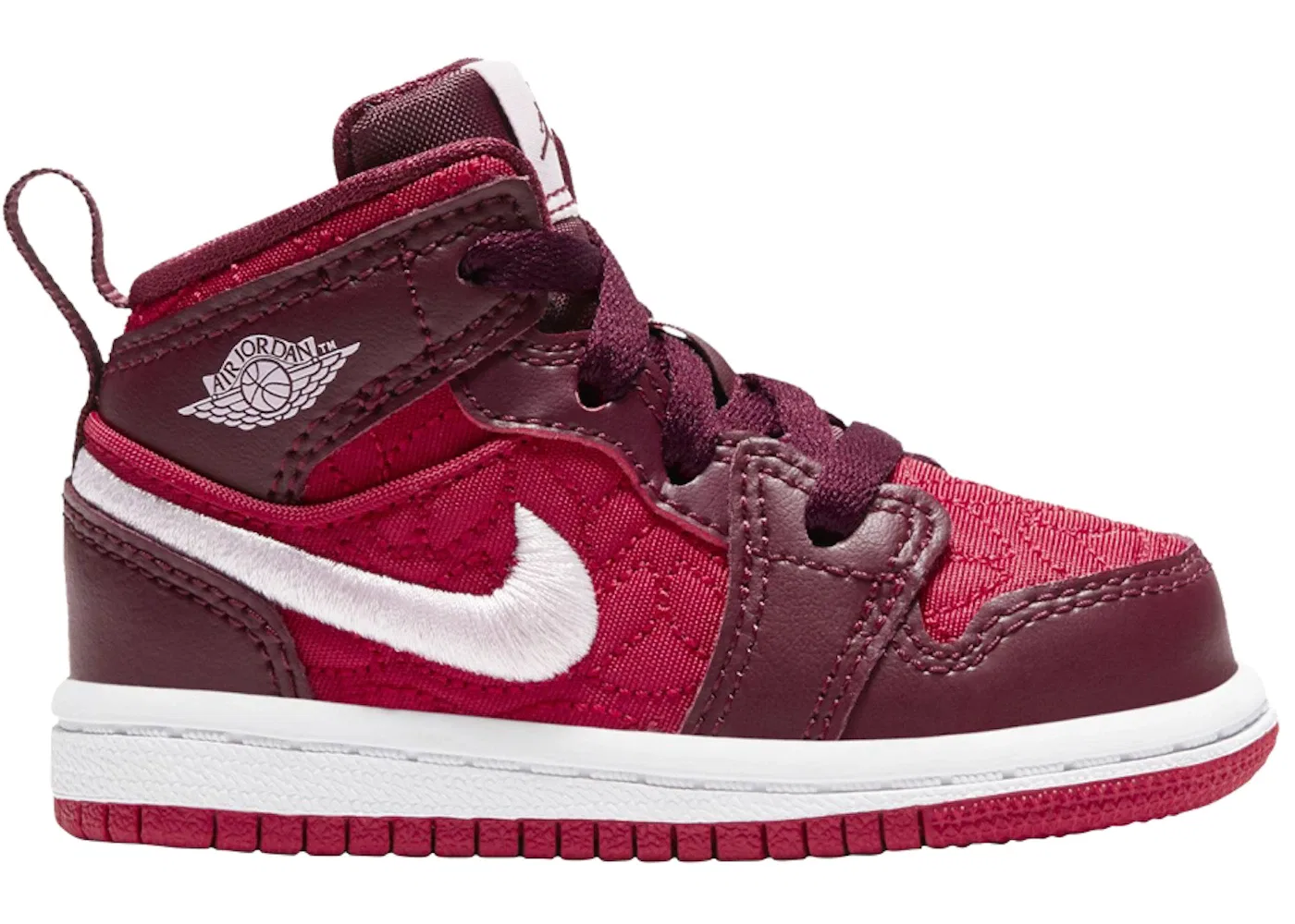 Детские кроссовки с длинным шнурованием Jordan 1 Mid Red Quilt Jordan, Gym Red/Pink Foam