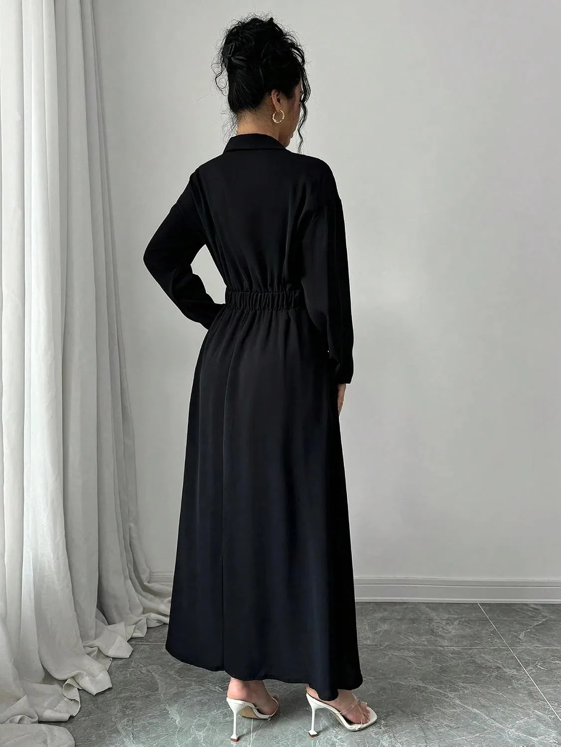 Женское повседневное платье-рубашка макси с длинным рукавом, Black — фото 3