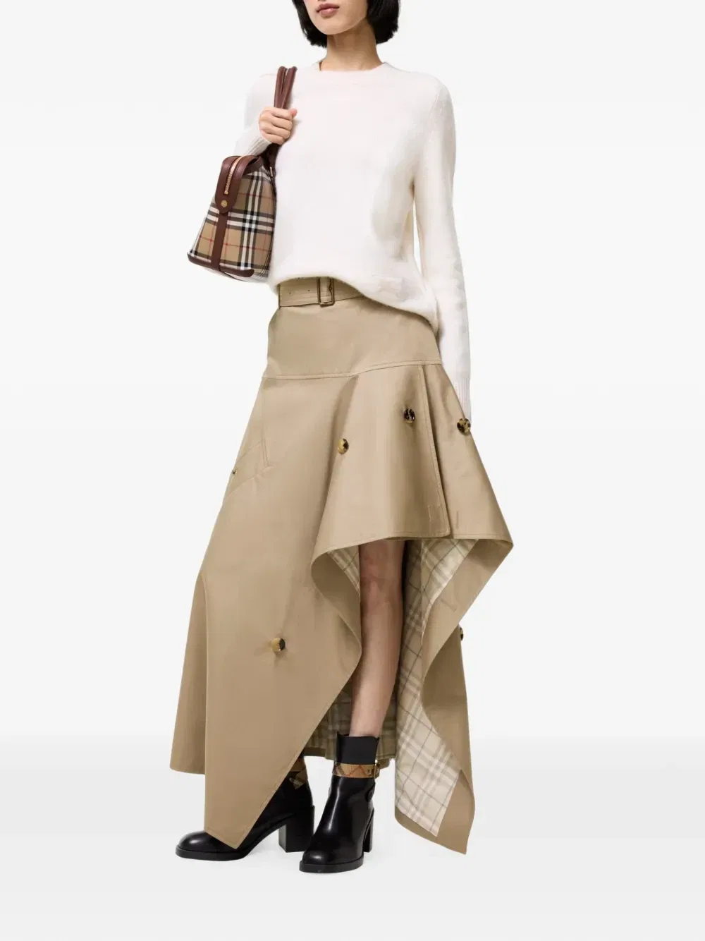 Габардиновая асимметричная юбка-тренч Burberry, бежевый — фото 3