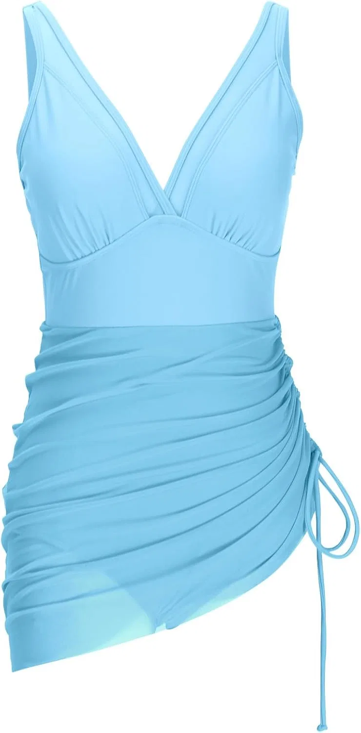 Женский цельный купальник с сеткой V-образным вырезом ruched tummy control, Light Blue — фото 3