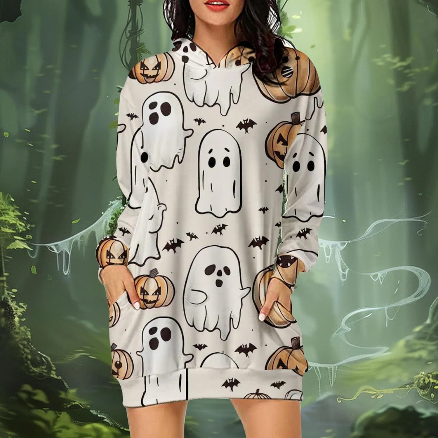 Женское худи-платье с принтом Halloween Ghost, чёрный — фото 2