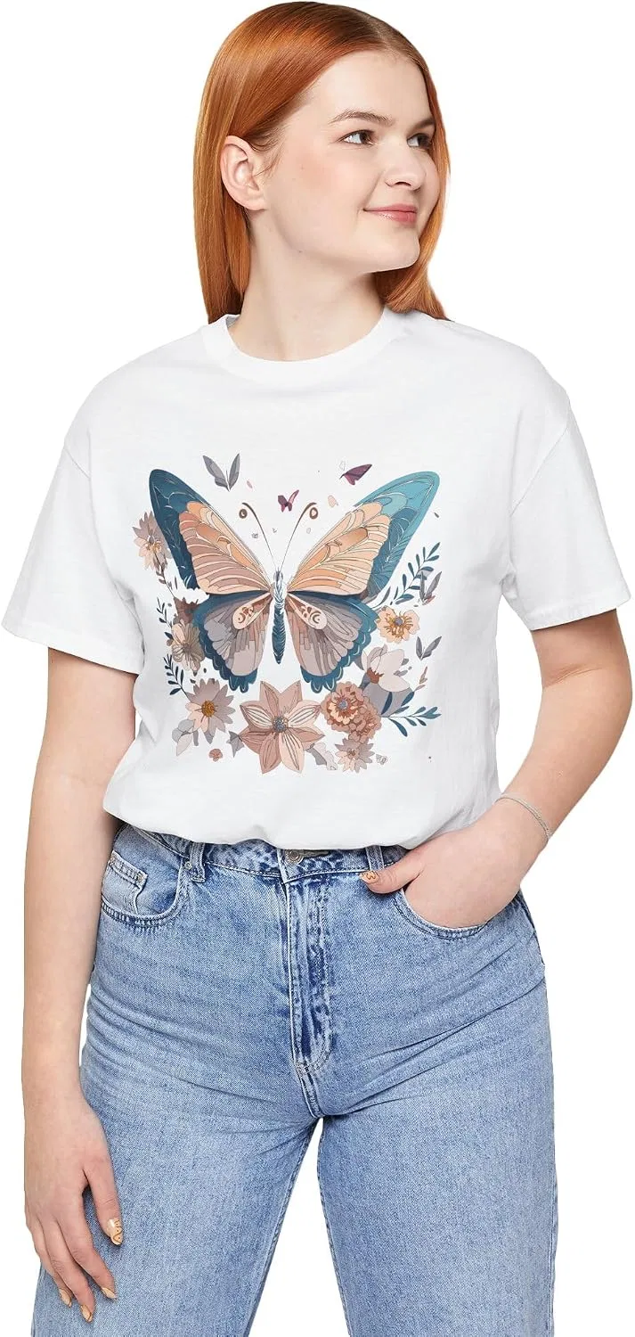 Футболка с бабочками и цветами Bella Canvas 3001, White
