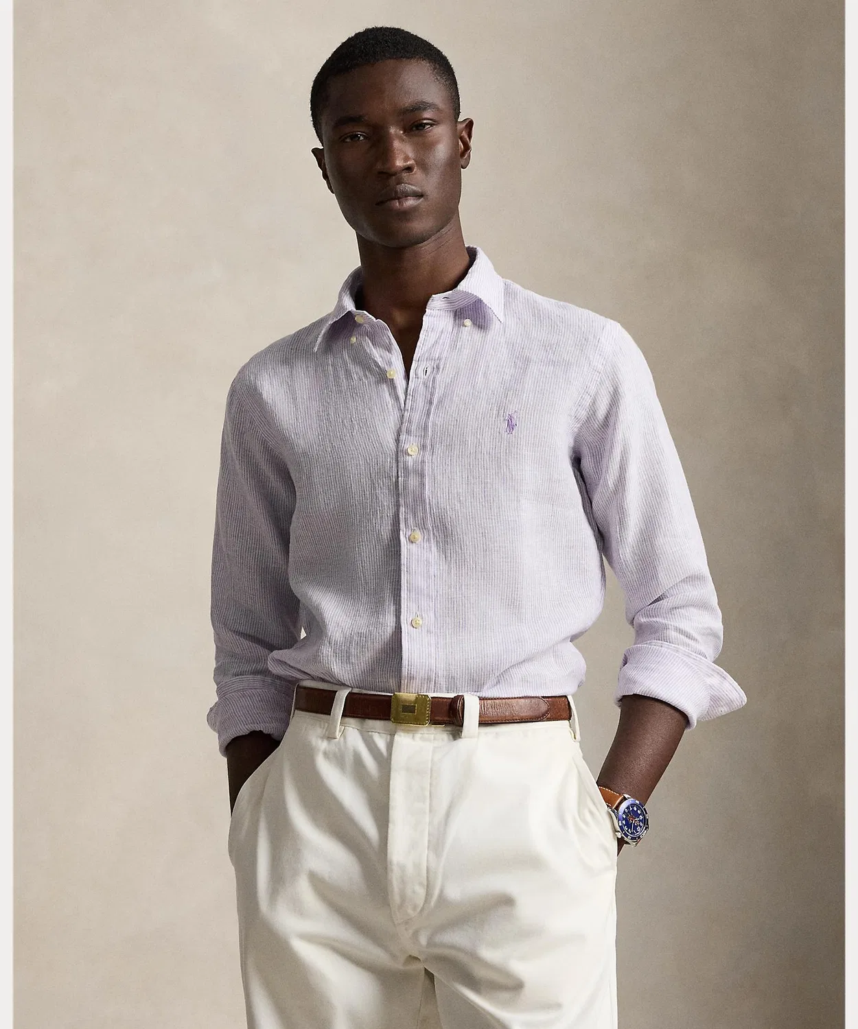 Мужская рубашка с длинным рукавомиз льна в полоску Polo Ralph Lauren, Purple