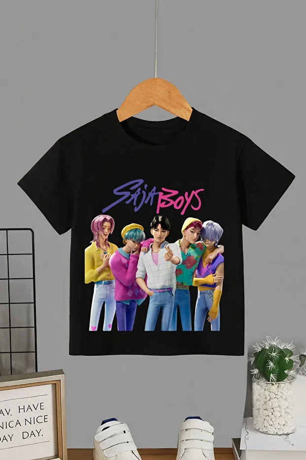 Детская футболка для мальчиков с принтом K-Pop demon hunters saja boys printed black-and-white t-shirt Mech Butik, Black(5pack)