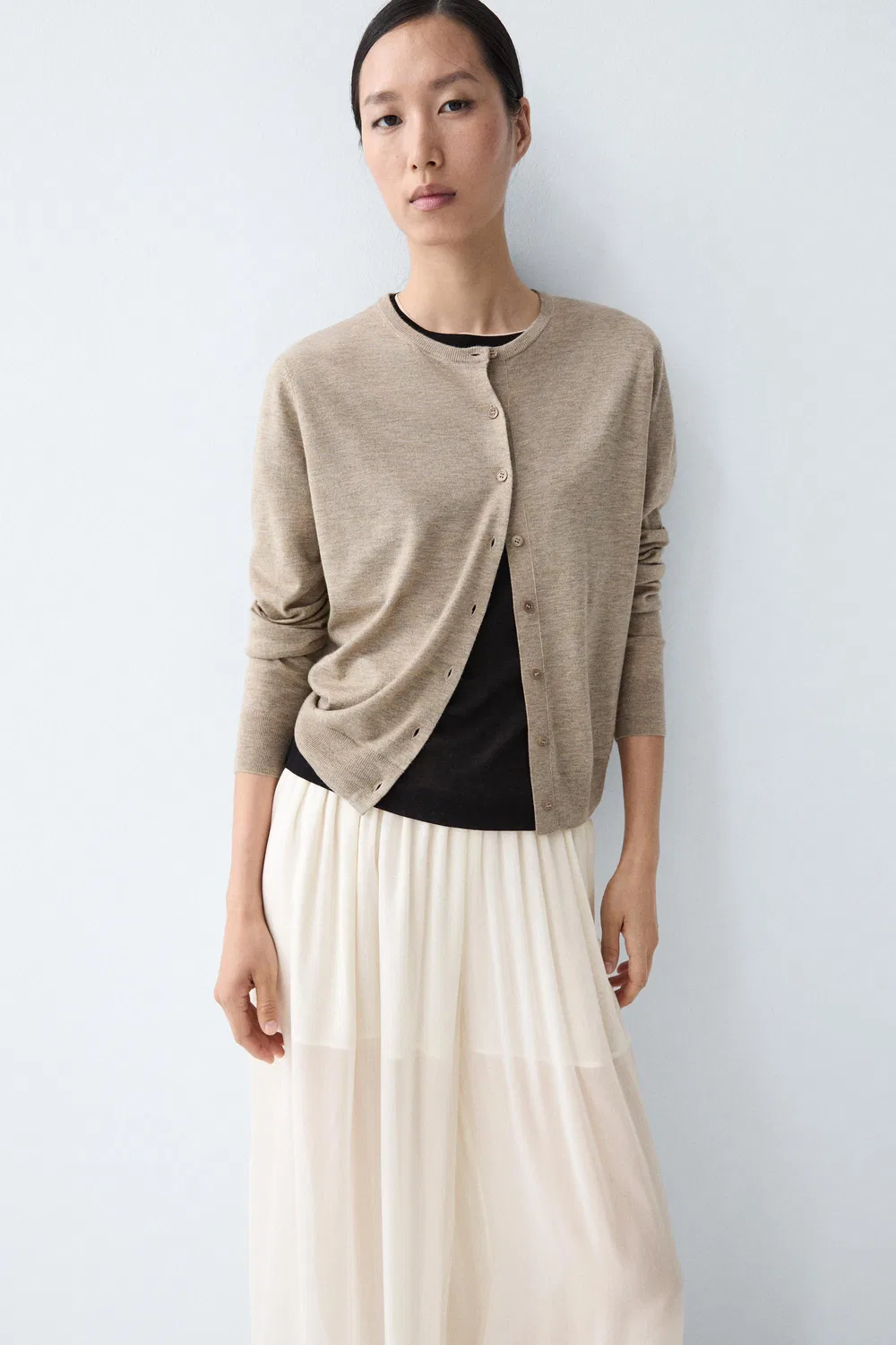 Кардиган Massimo Dutti Fine-Knit Round Neck, бежевый меланж