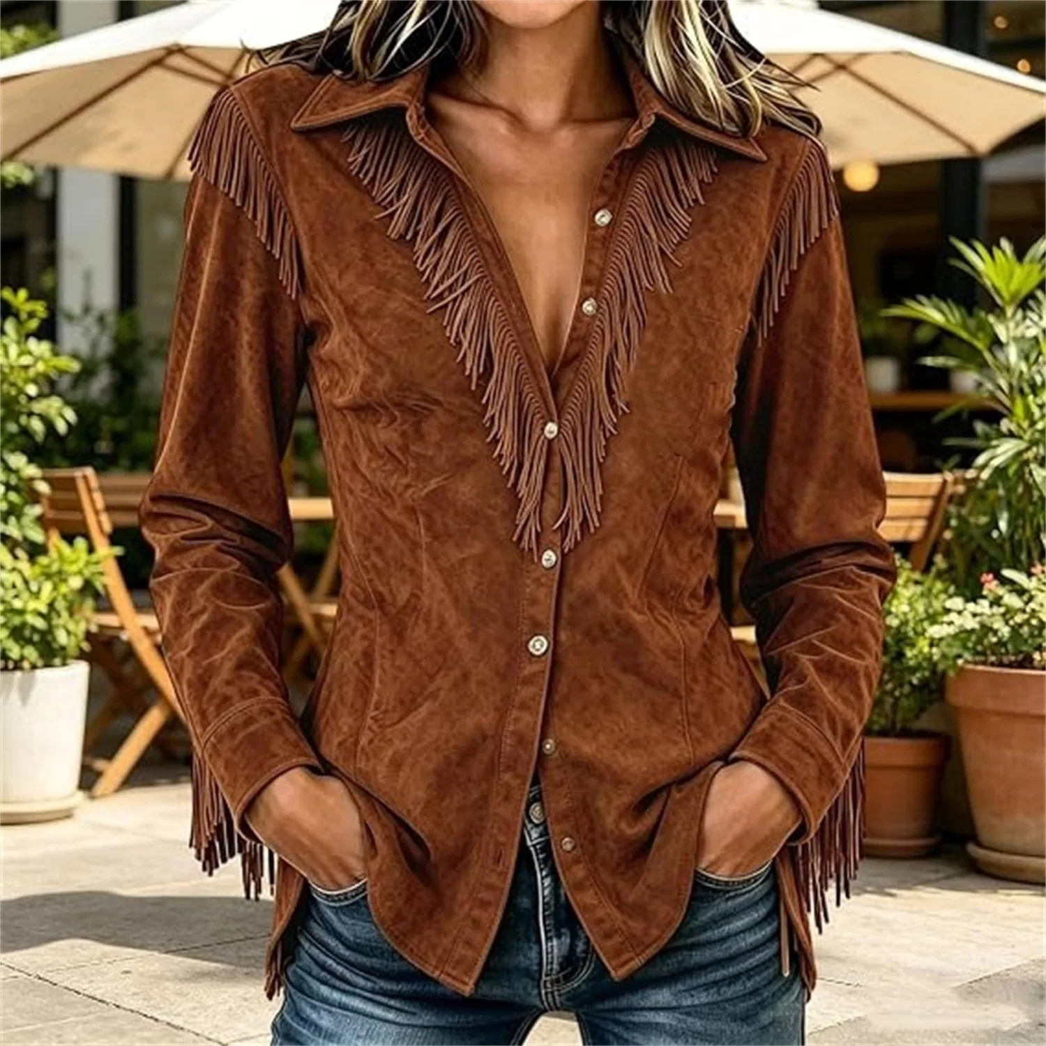 Женская куртка из замши с бахромой Western Suede Jackets, Apricot — фото 2