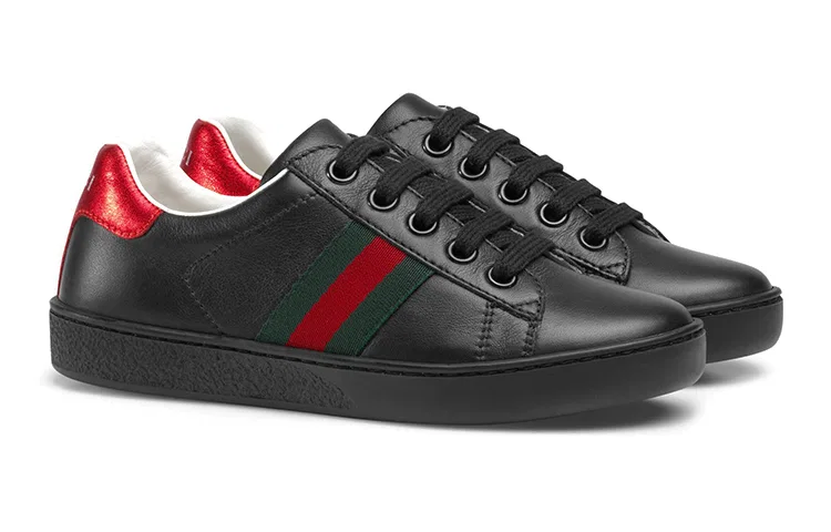 Детские кеды Gucci Ace Leather Kids 'Black' из кожи, черные с красными вставками — фото 4