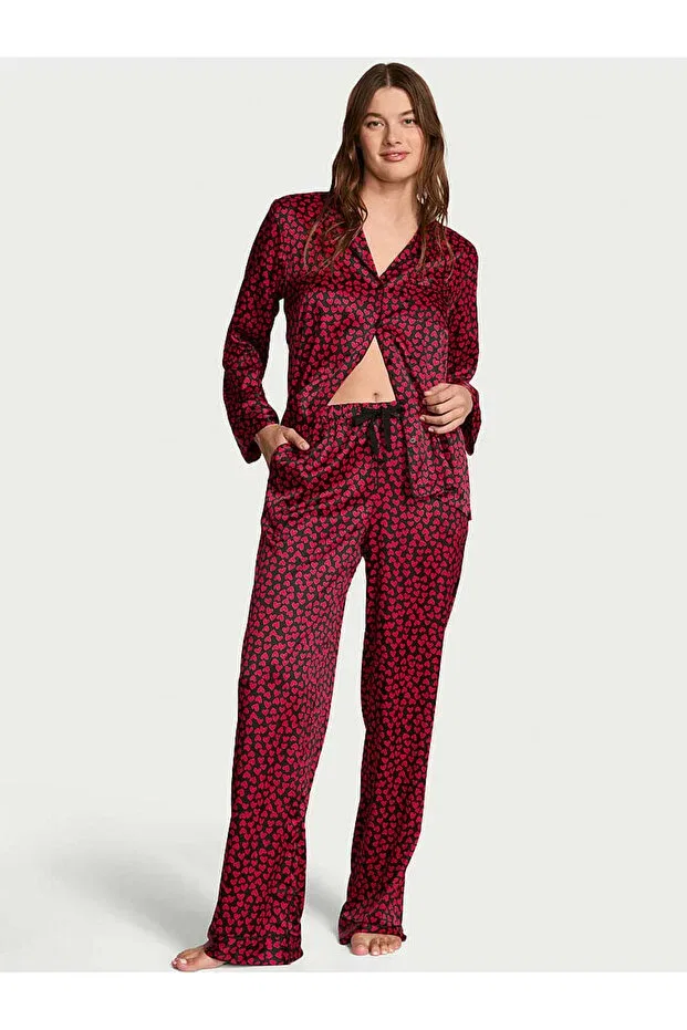 Женский пижамный комплект из сатина с длинным рукавом Victoria'S Secret, Black And Red Heart