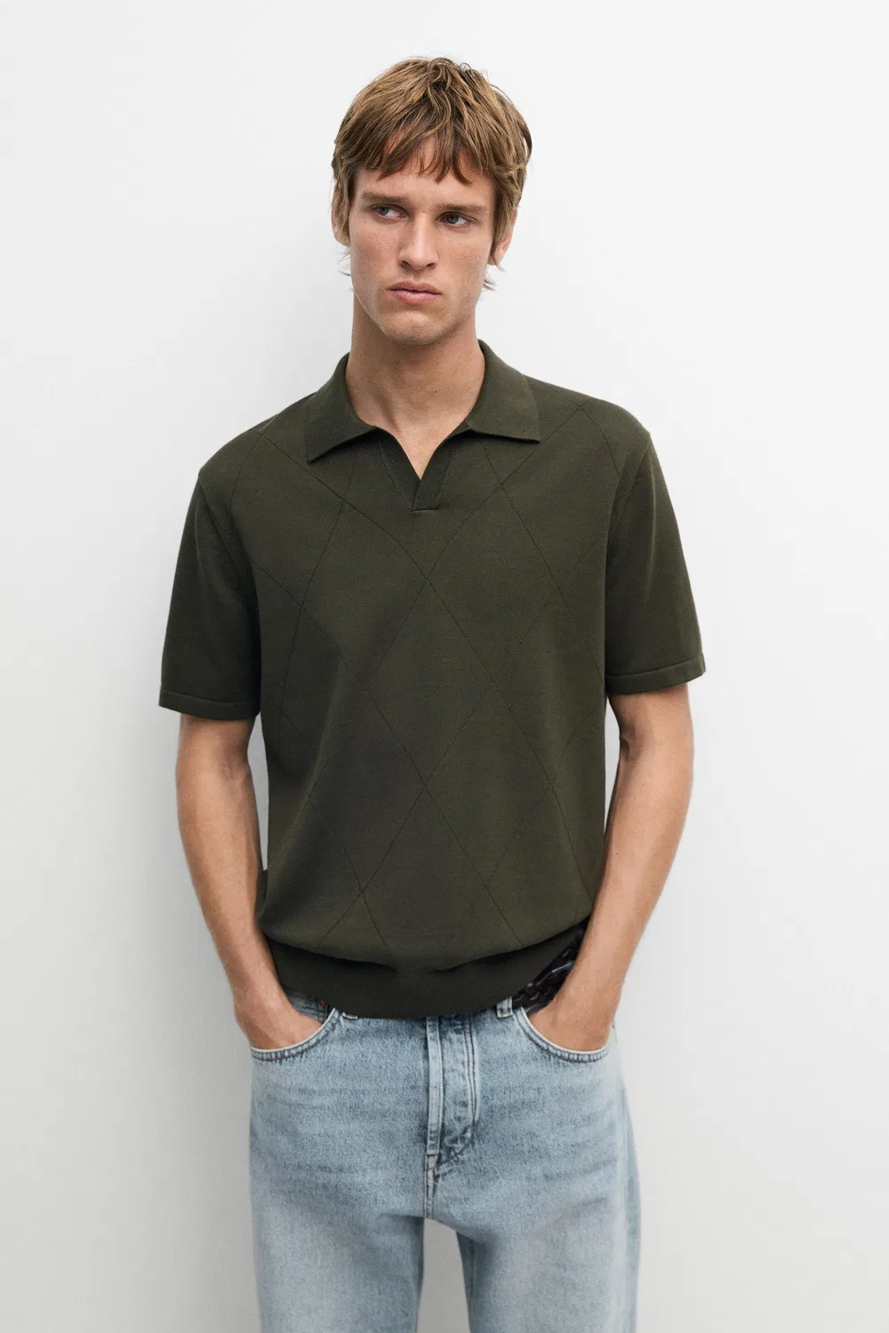Поло-рубашка Massimo Dutti, хлопковая, с элементами интарсии, зеленый — фото 2