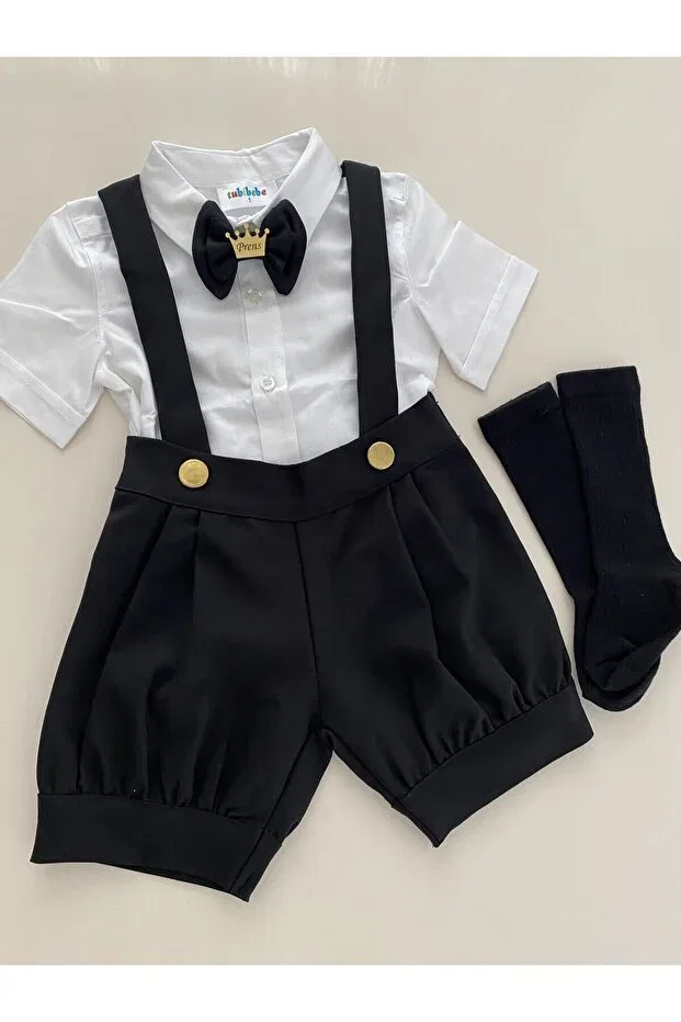 Детский комбинезон с принтом Black & gold pleated shorts salopet set Tubibebe, Black - White — фото 2