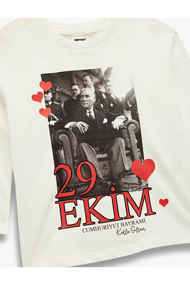 Детская футболка с длинным рукавом с принтом Ataturk And October 29 Printed Koton, Ecru — фото 3