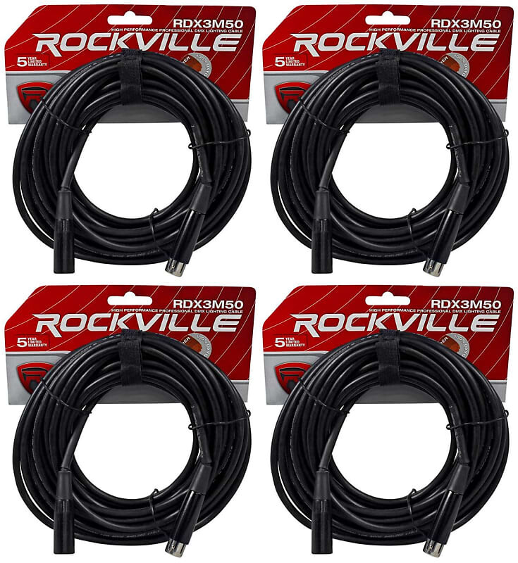 

(4) Rockville RDX3M50 50-футовые 3-контактные кабели освещения DMX, 100 % из бескислородной меди, гнездовой и штекерный (4) RDX3M50