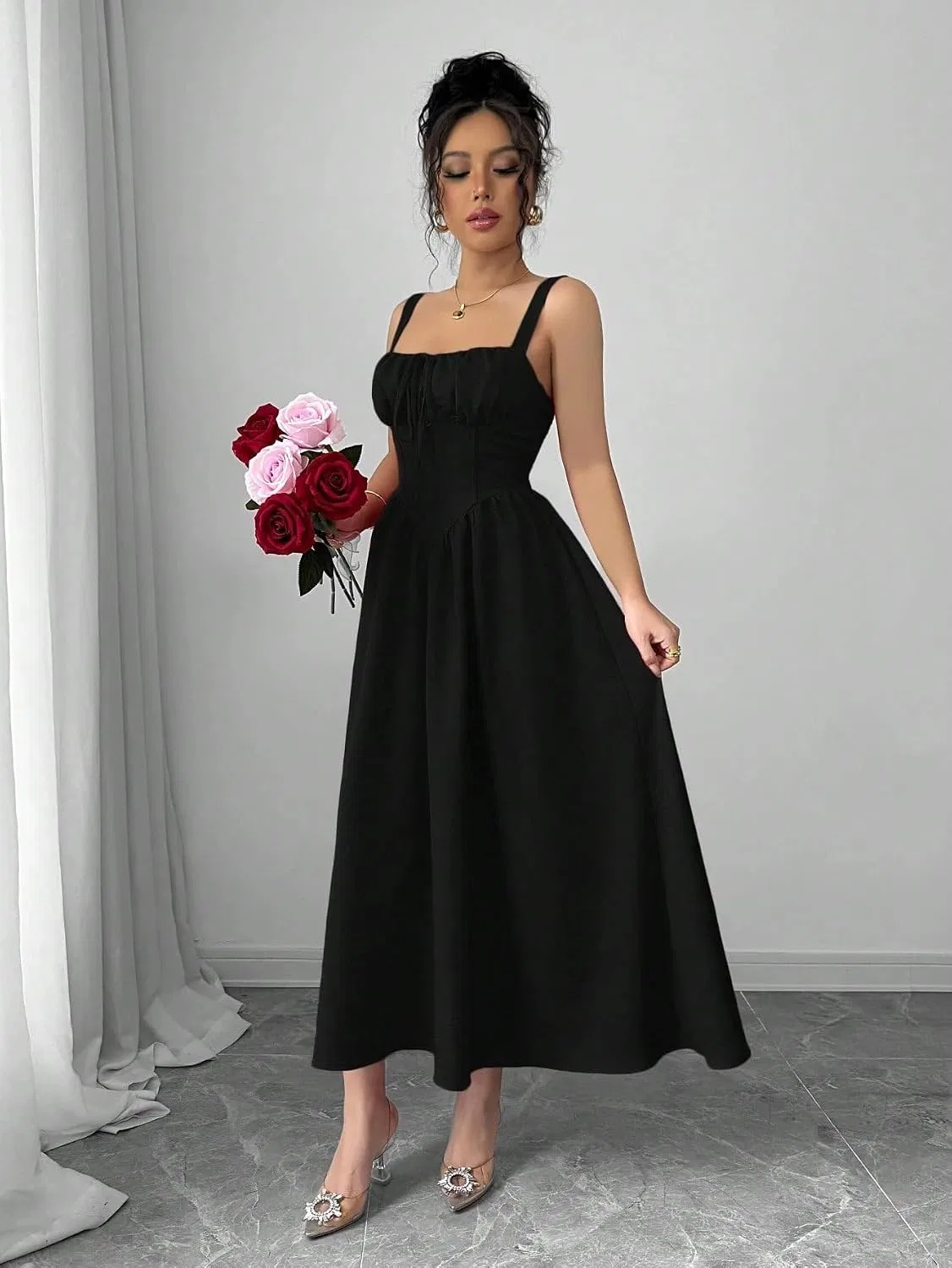 Женское летнее платье-ками длинное с защипами, Black — фото 4