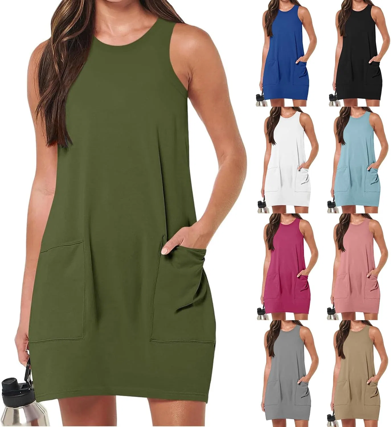 Женское летнее платье без рукавов с карманами богемное мини, Sky Blue — фото 4
