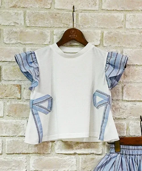 Детская футболка с принтом полоска и лентами, модель Striped Ribbon Tee, axes femme, Sax Blue