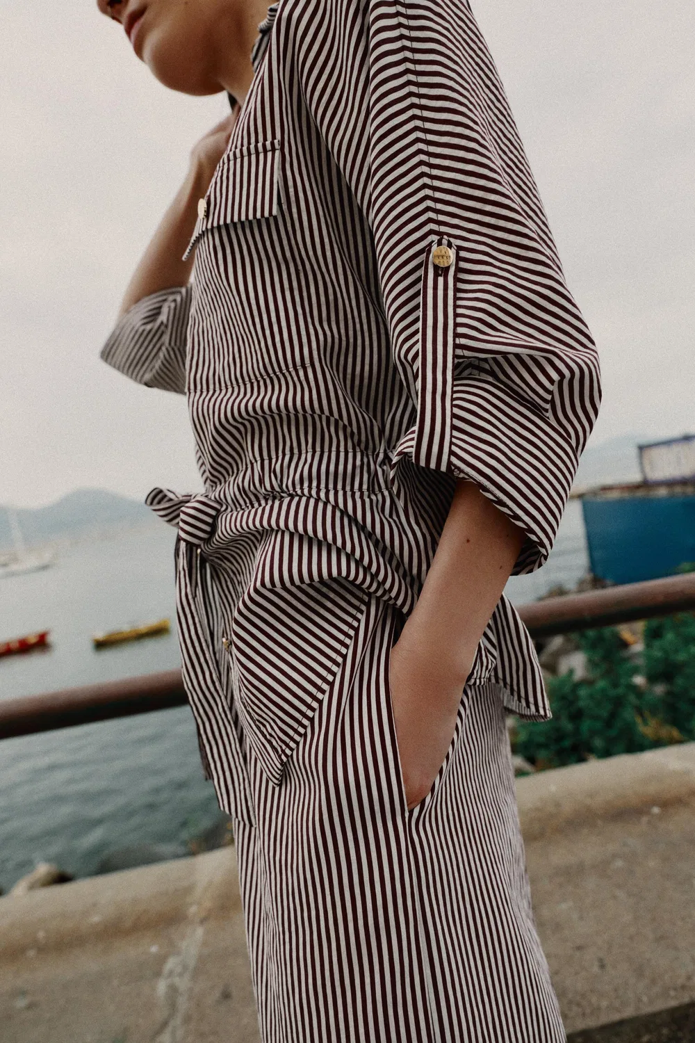 Полосатая рубашка в стиле сафари ZARA, Brown/White — фото 3