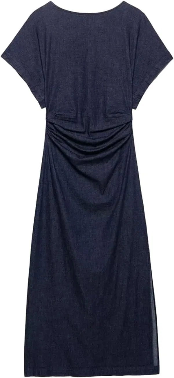 Женское прямое платье миди с плиссировкой и молнией, Dark Blue