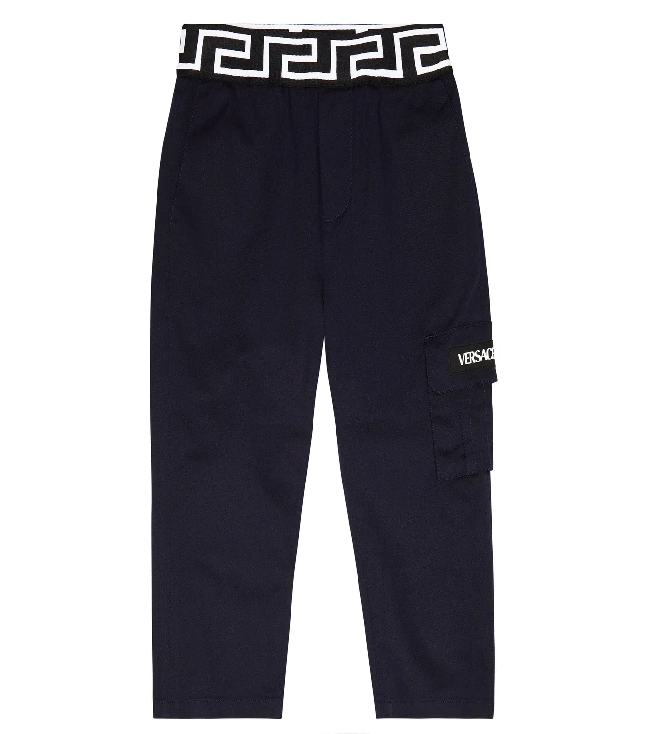 Брюки-карго с греческим орнаментом Versace Kids, синий