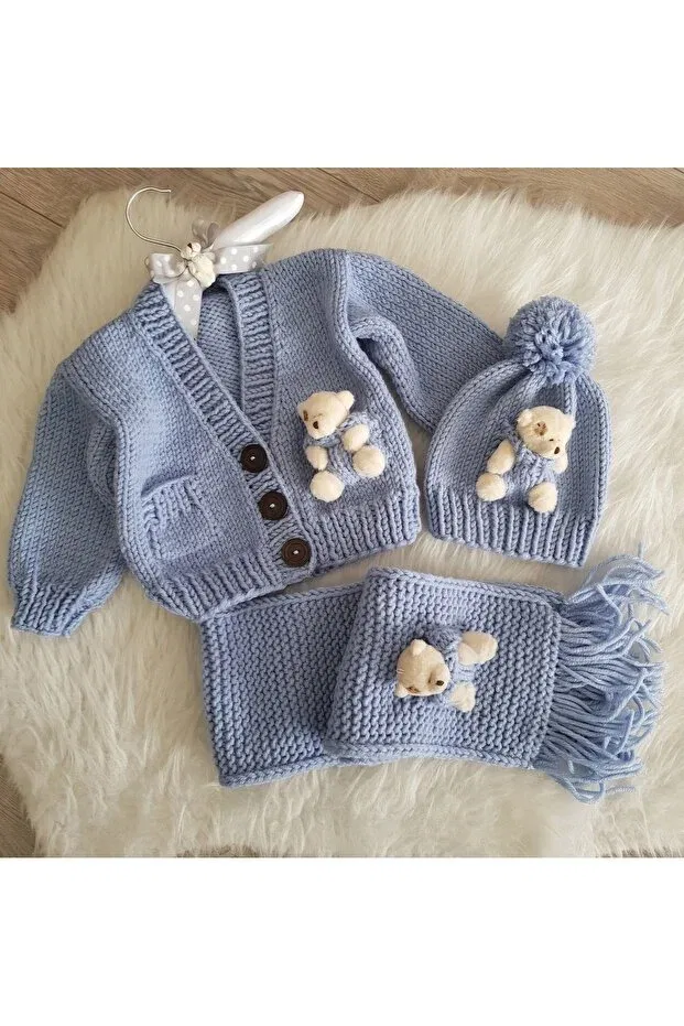 Детский кардиган с вязаными аксессуарами Unisex baby and kids cardigan - hand knitted beanie and scarf set with teddy bear El Örgüsü, Blue