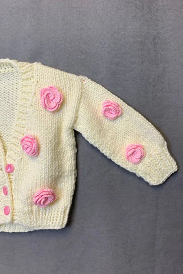 Детский кардиган для девочек с принтом Yıldız 7202 hand knitted flower decorated Uretti, White — фото 2