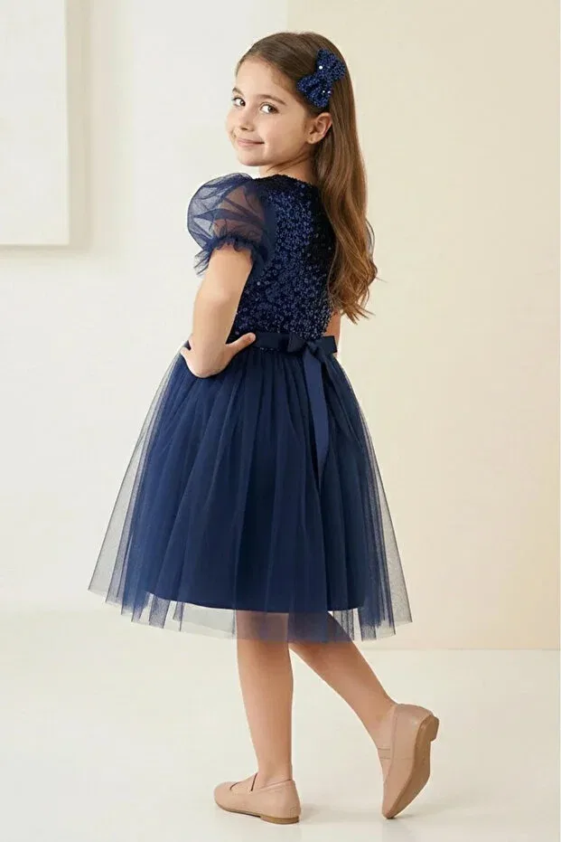 Детское платье для девочек с пайетками Puff Sleeve Sequin Girls' Tutu Dress Mnk Baby&Kids, Navy Blue — фото 2