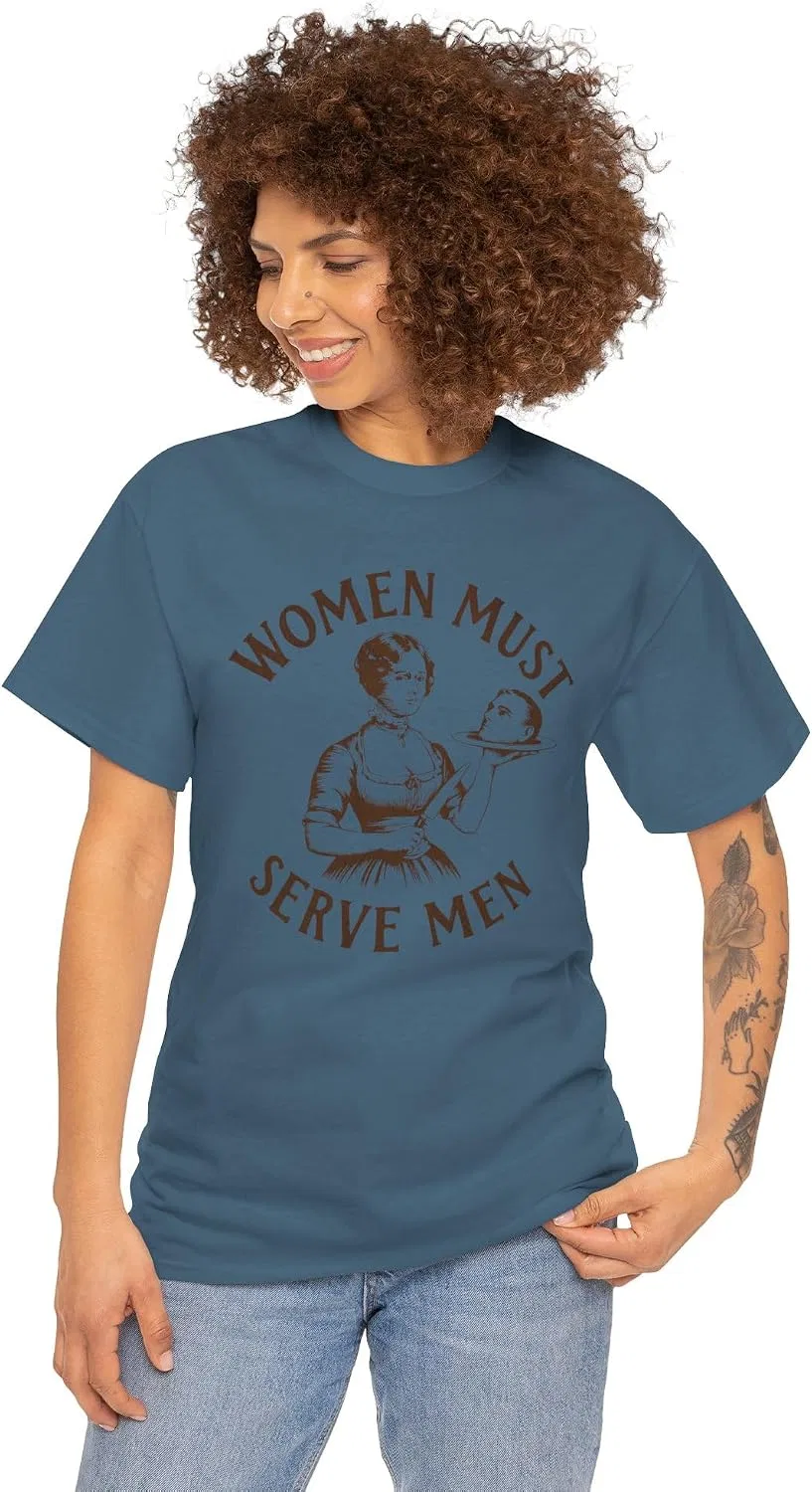 Футболка с ироничным принтом Women Must Serve Men, Indigo Blue — фото 4