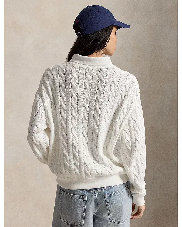Женский свитер с воротником-поло из хлопка Cable Knit Cotton Polo Collar Sweater Ralph Lauren, белый — фото 3