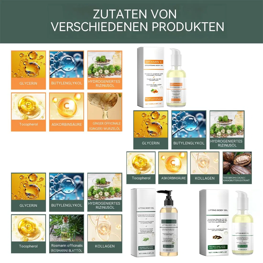 Масло для тела коллагеновое, MEIION, 3 предмета, 300 мл, Straffendes Kollagen+Kollagen+Vitamin C — фото 4