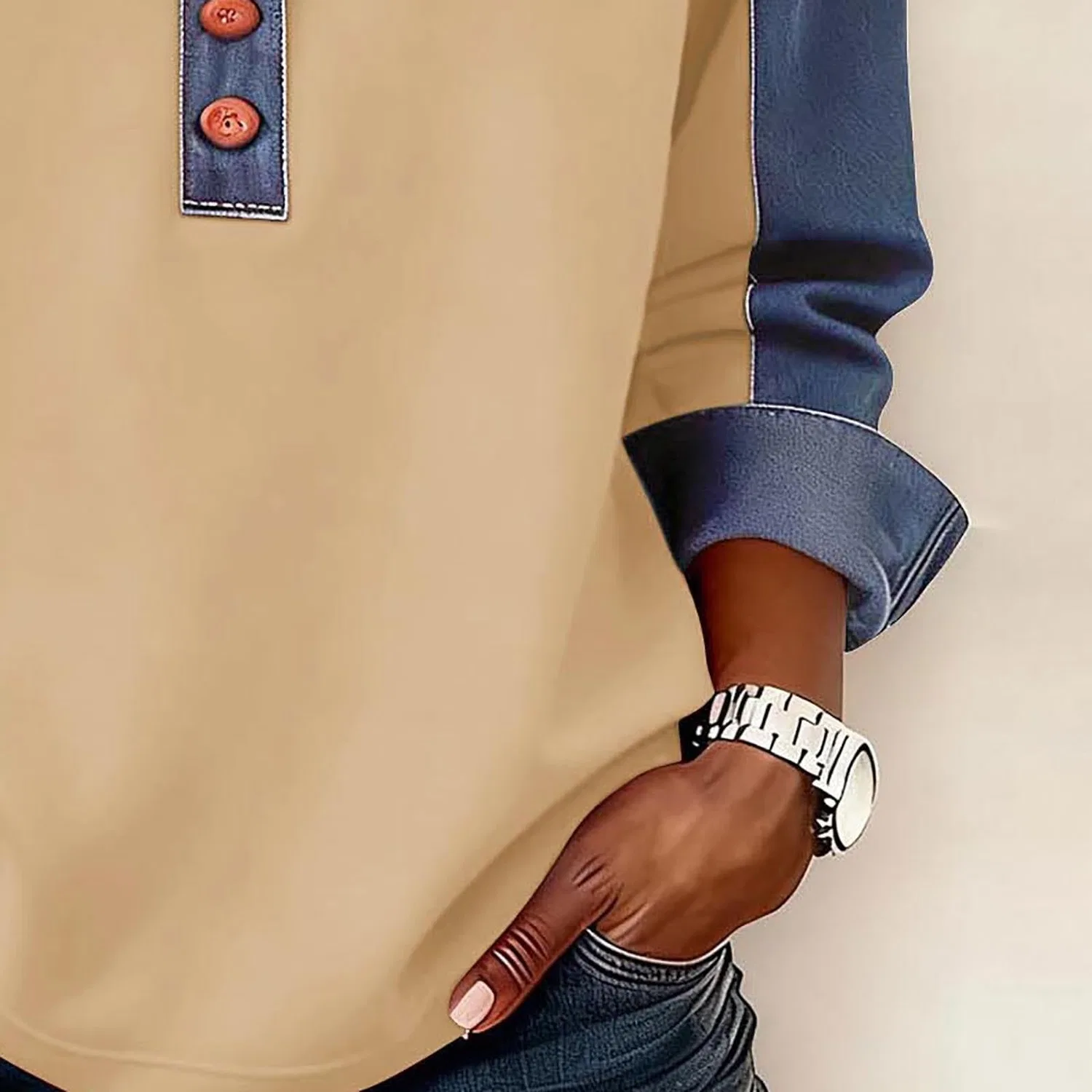 Женский джинсовый свитер с принтом Button Down, Non Lavorato A Maglia #Z02-beige — фото 4