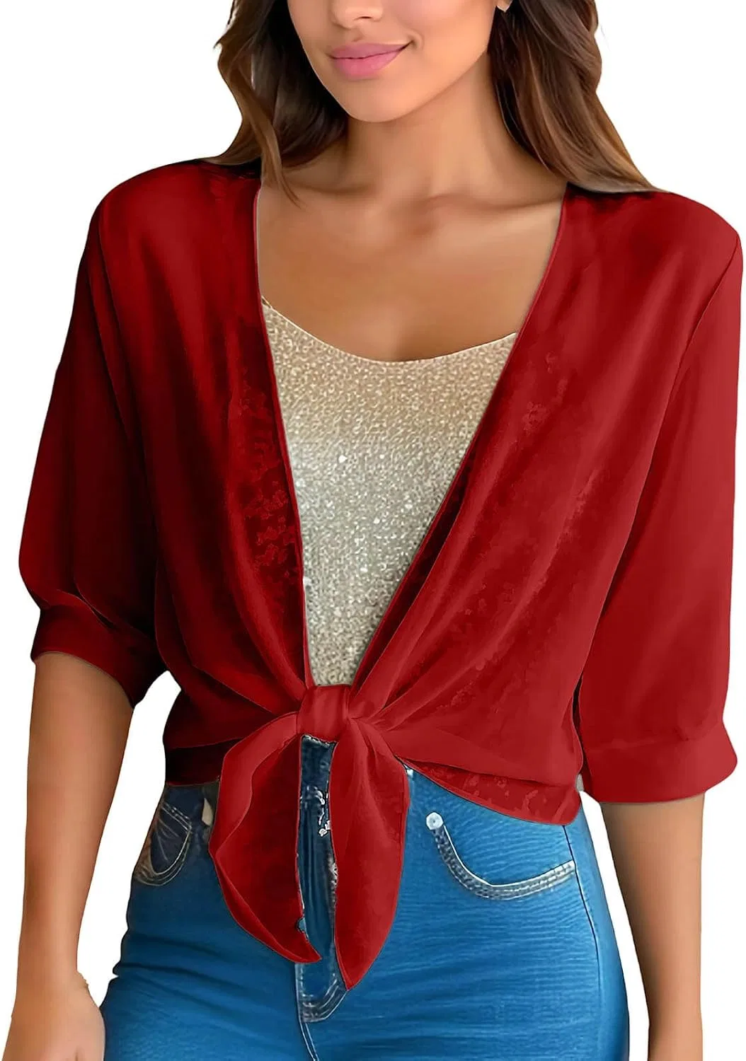 Женский кардиган без застежки с сеткой, модель Tie Front, Red-1