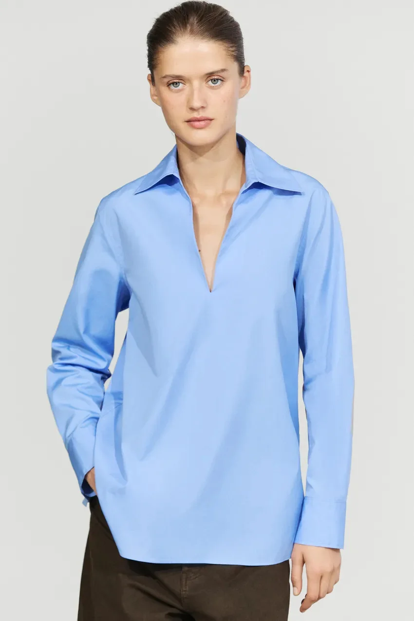 Блуза Massimo Dutti с воротником и глубоким вырезом, индиго