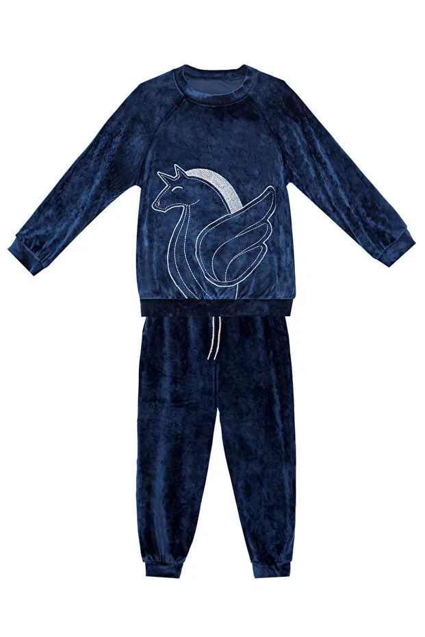 Детский спортивный костюм для девочек с принтом Unicorn Denokids, Navy Blue — фото 4