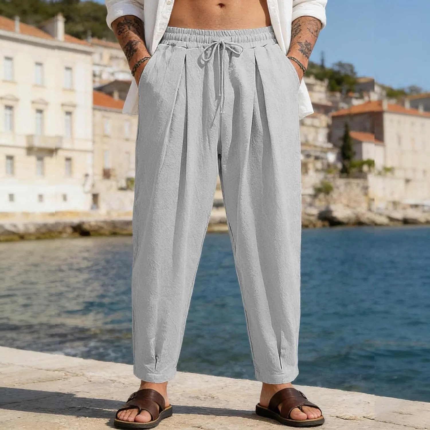 Мужские хлопковые льняные брюки с эластичной талией, Gray Linen Pants Men — фото 2