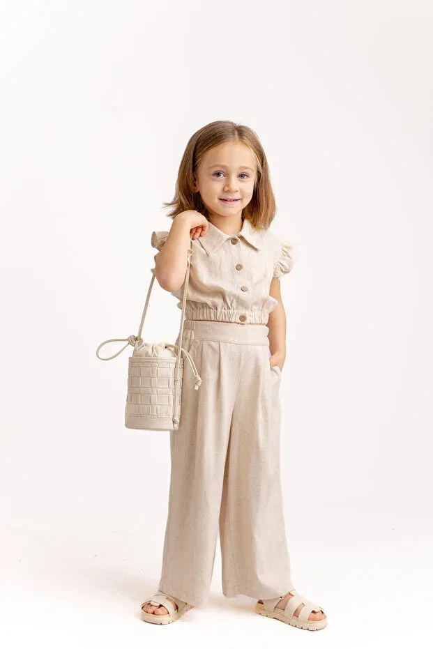 Детские брюки для девочек широкие с защипами Oliven The Kid, Beige