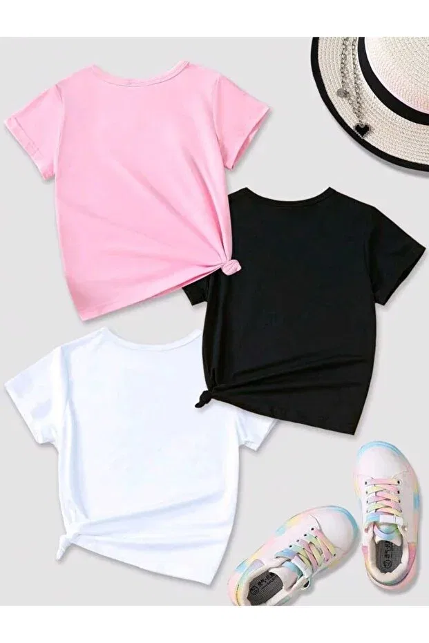 Детский комплект футболок с принтом Favorist, Pink Yellow White Bekind Sweetheart Choosehappy — фото 3