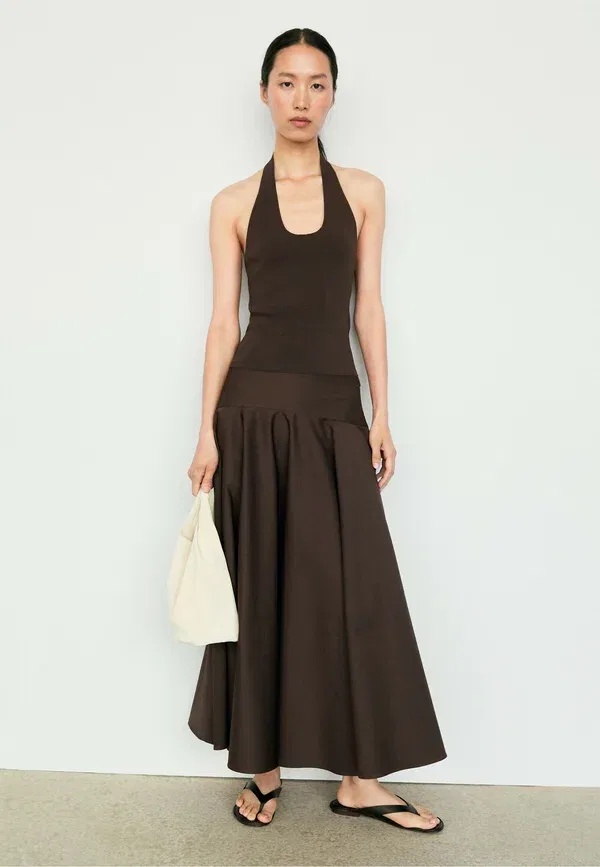 Юбка хлопковая Flounce midi skirt with yoke detail - maxi skirt Massimo Dutti, темно-коричневый