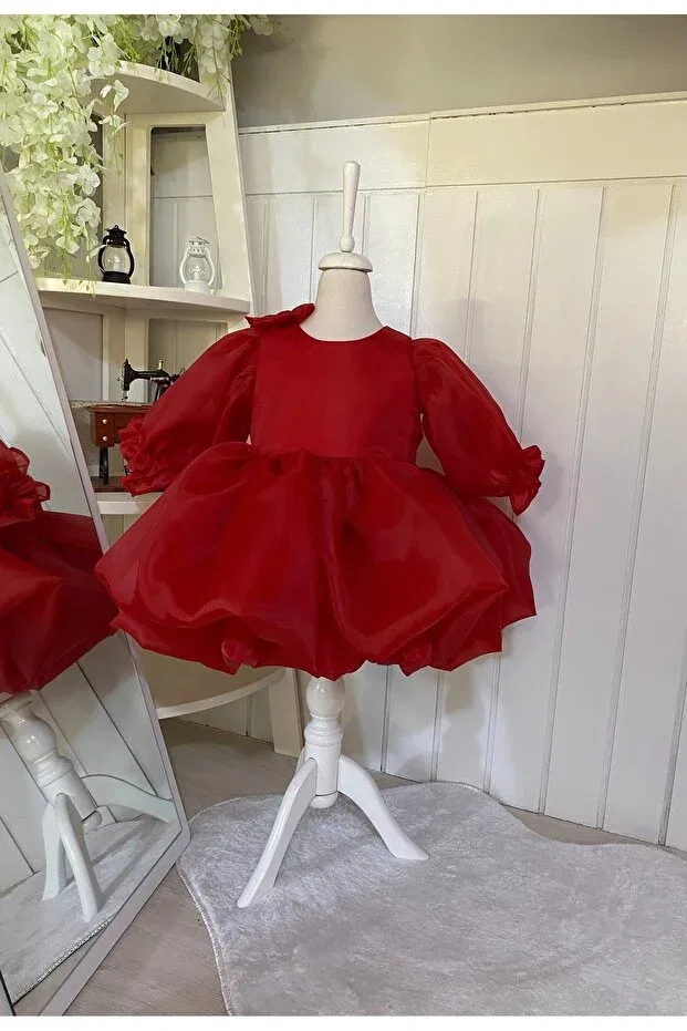 Детское платье для девочек с воздушным рукавом Karolin puffy dress with balloon sleeves Hobi, Red