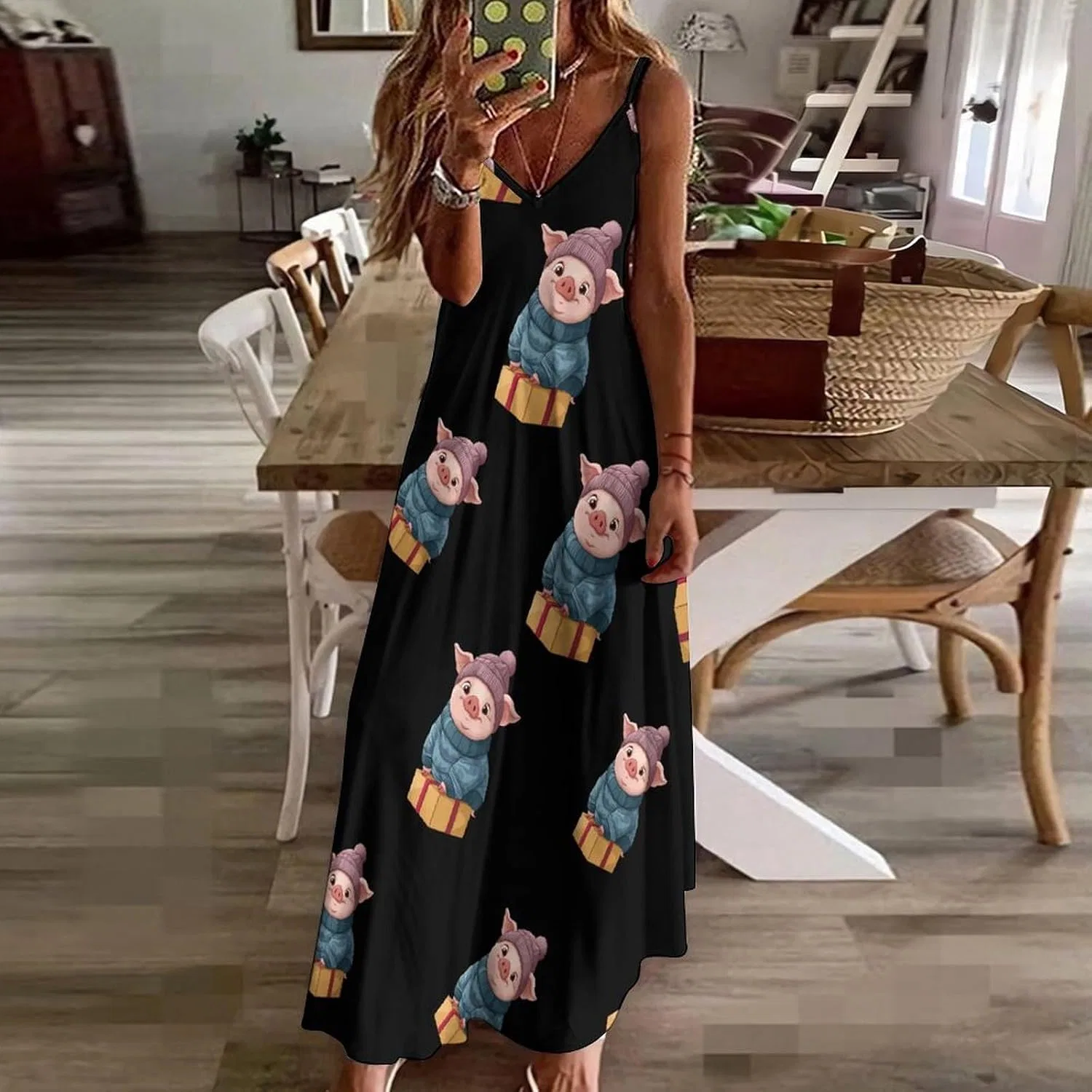 Женское летнее макси-платье с принтом свиней, Sleeveless, Style — фото 3