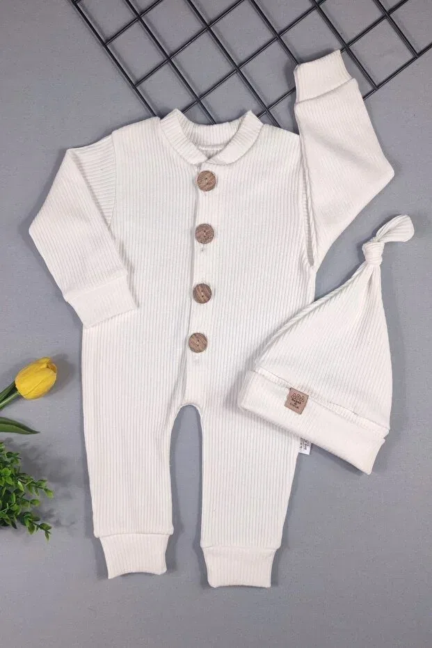 Детский комбинезон для новорожденных с длинным рукавом 100% cotton wooden buttoned ribbed style hat baby romper Adabebek, White
