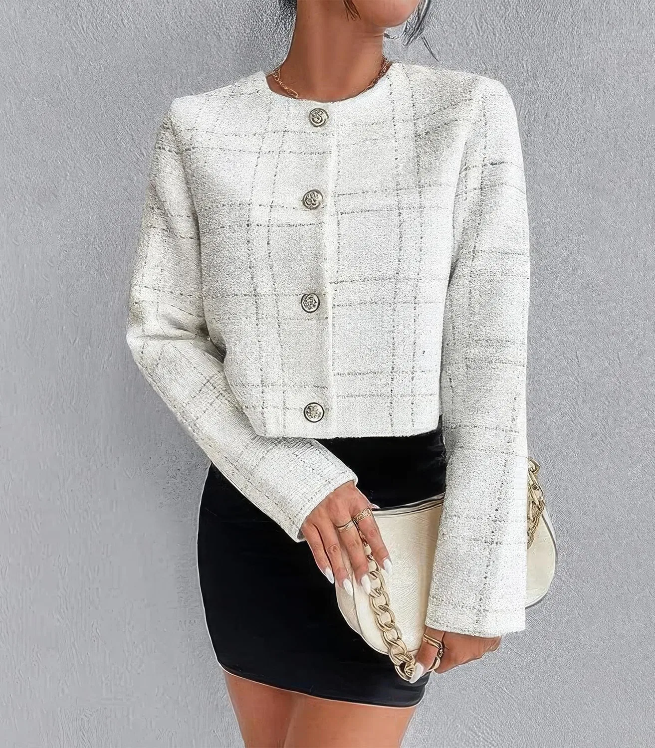Женский твидовый пиджак без воротника с принтом Glitter Jacket, White — фото 3