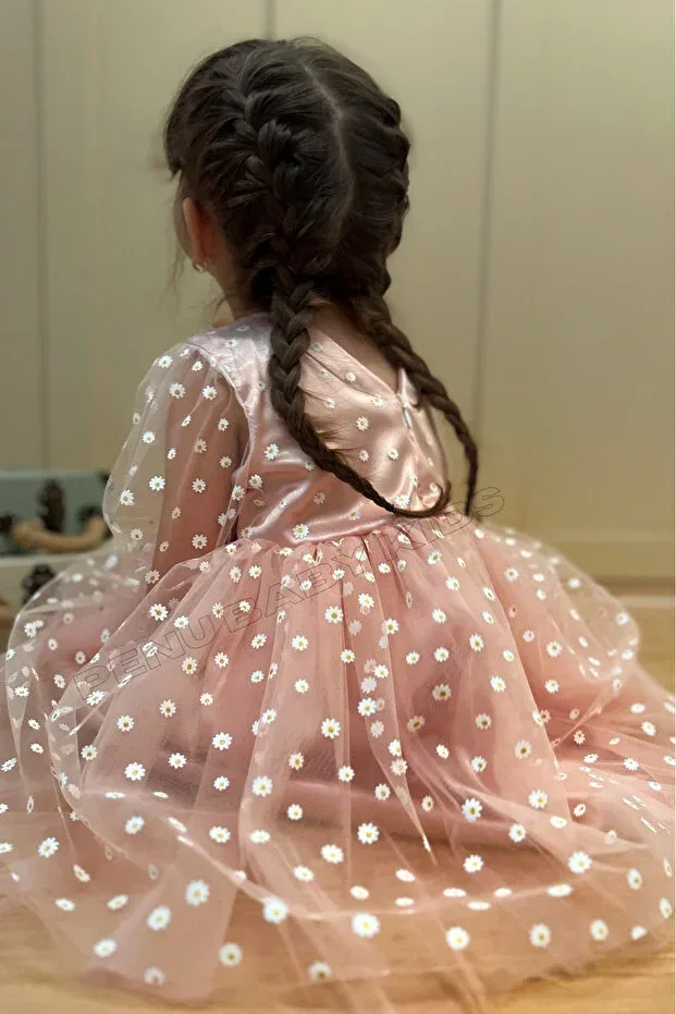 Детское платье для девочек с принтом Powder Pink Floral Print Tulle Skirt and Three-Quarter Sleeve Tulle Dress for Baby Girl & Girl - Flower Penu Baby Kids, Powder Pink